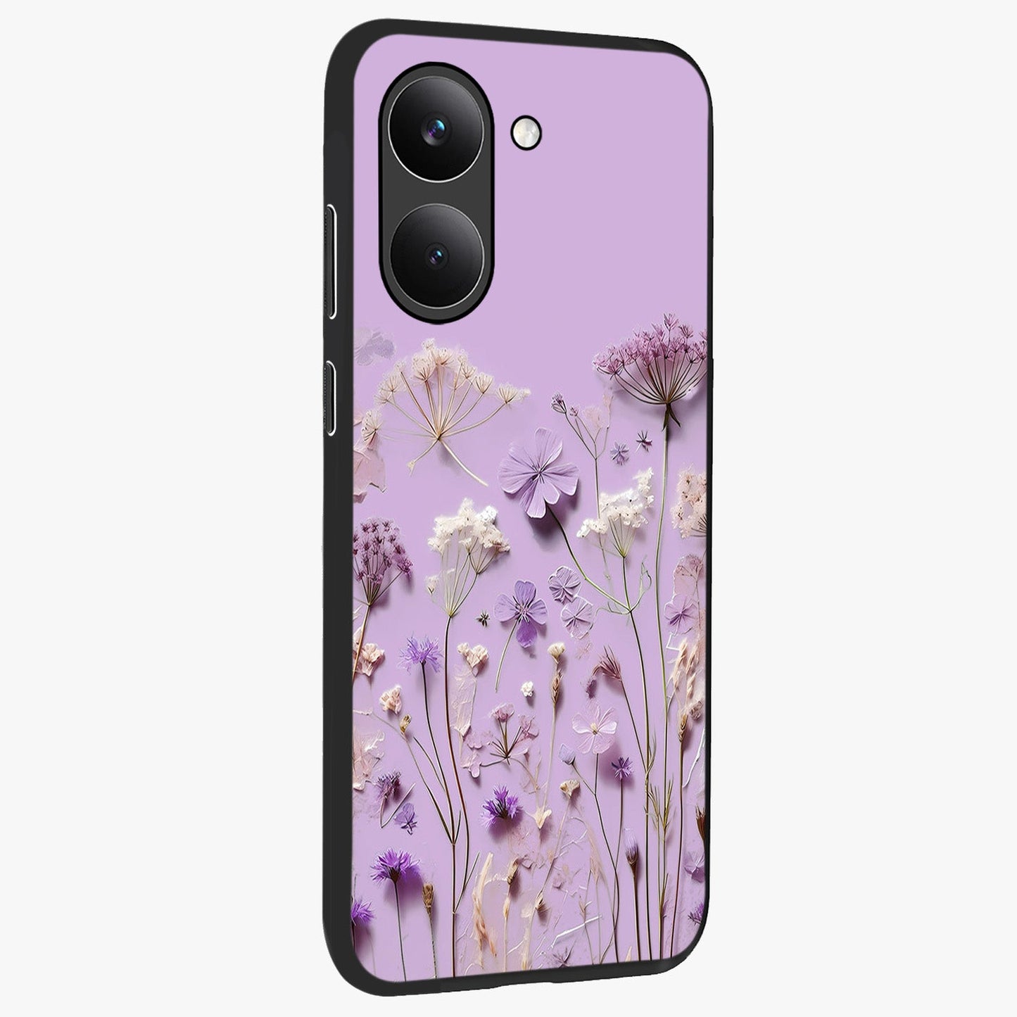 Lavender Blossom Dream Glass Case upright view showcasing delicate lavender blossom artwork with peaceful floral theme.