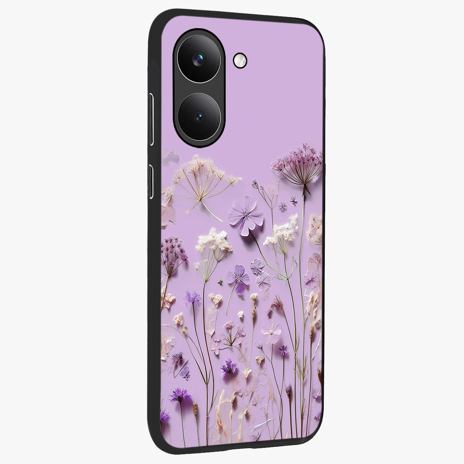 Lavender Blossom Dream Glass Case upright view showcasing delicate lavender blossom artwork with peaceful floral theme.