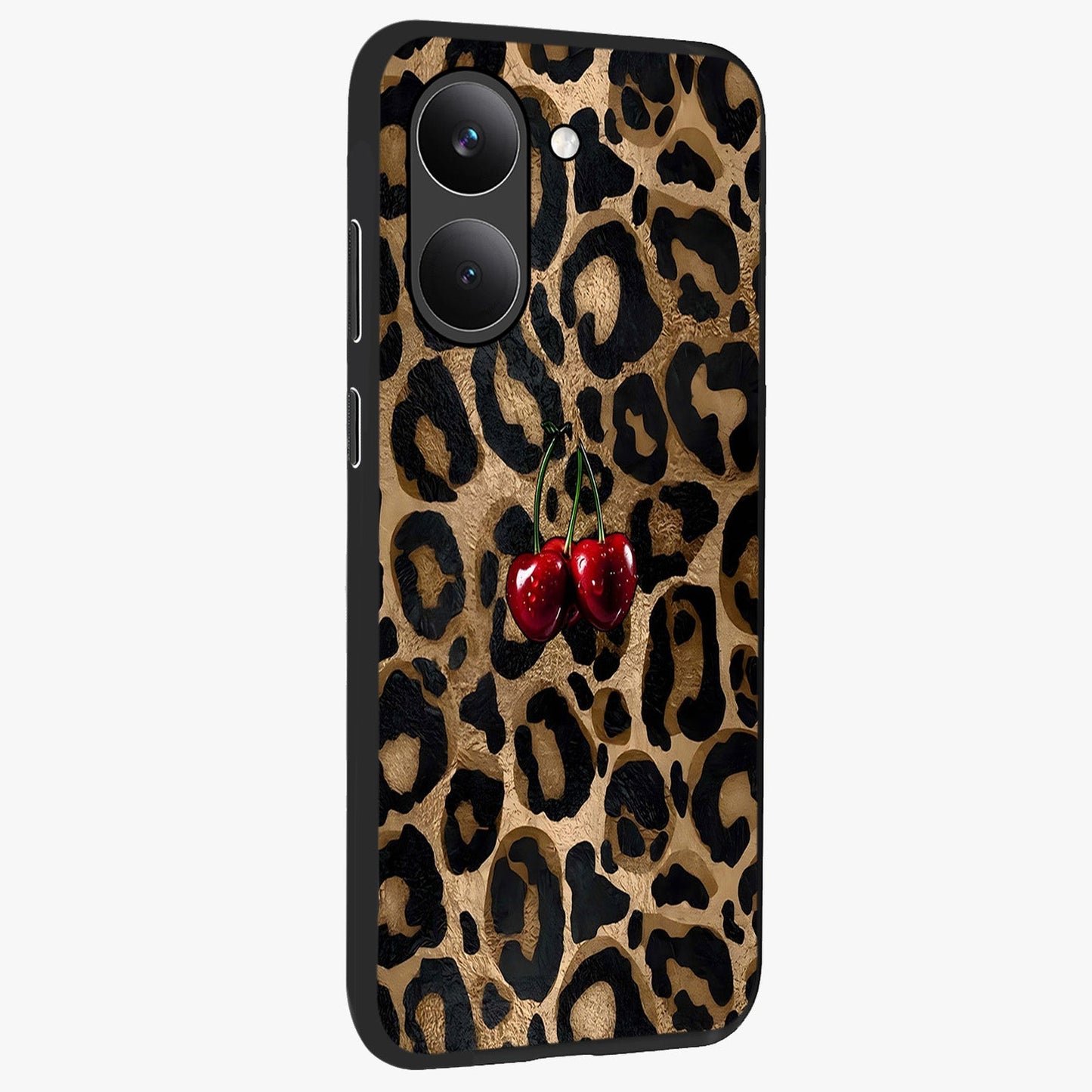 Leopard Wild Cherry Glass Case upright view showcasing stylish leopard pattern artwork with trendy fashion theme.