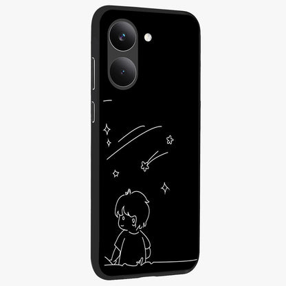 Line Art Boy With Shooting Stars Glass Case upright view showcasing artistic shooting star illustration with minimal style.