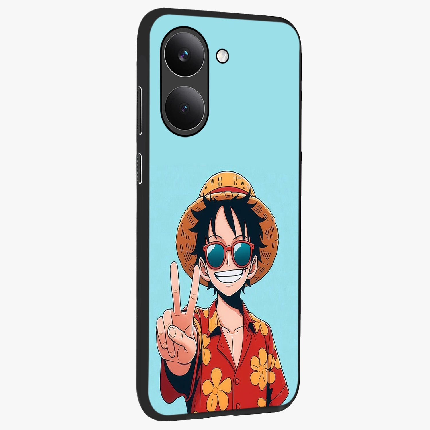 Luffy Summer Anime Vibe Glass Case upright view showcasing dynamic anime artwork with bright adventurous theme.