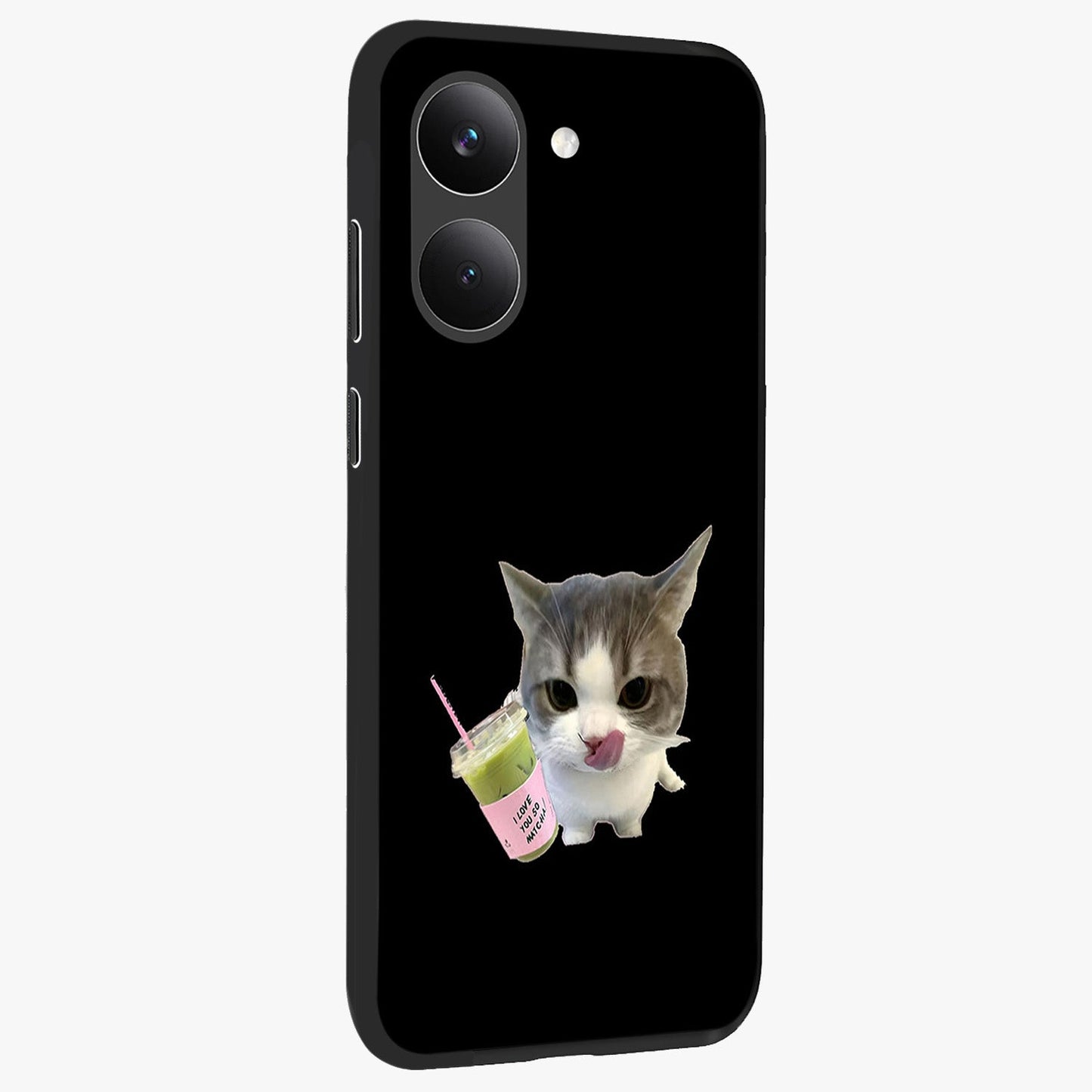 Matcha Cat Style Glass Case upright view showcasing charming cat artwork with cozy aesthetic theme.