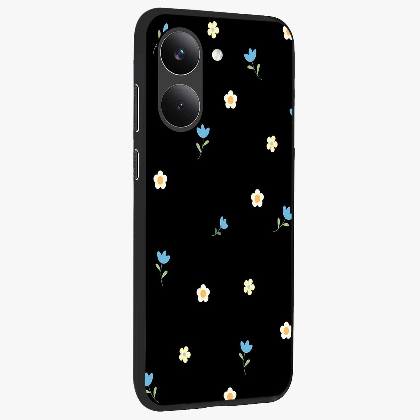 Minimal Petal Whispers Glass Case upright view showcasing elegant floral artwork with modern minimalist style.