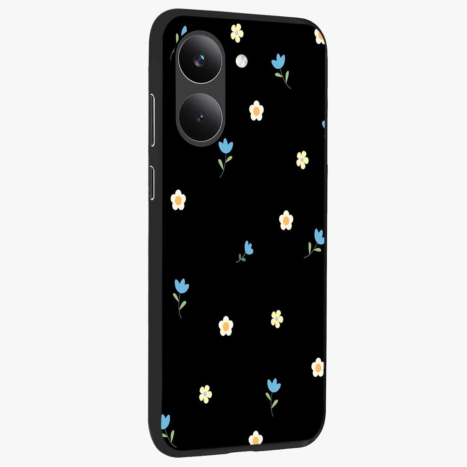 Minimal Petal Whispers Glass Case upright view showcasing elegant floral artwork with modern minimalist style.