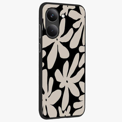 Monochrome Petal Dance Glass Case upright view showcasing artistic floral pattern with stylish monochrome theme.