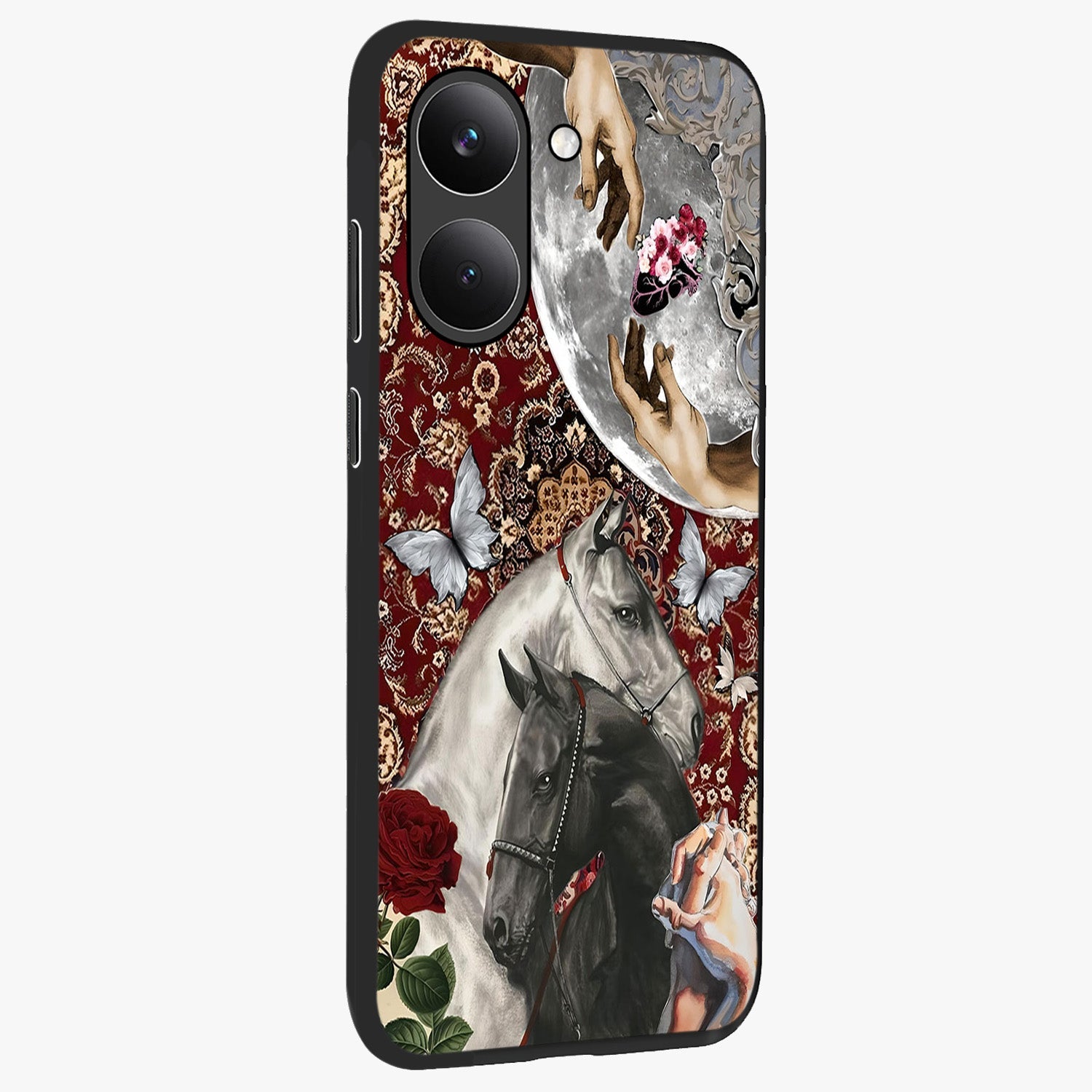 Moonlit Royal Stallion Glass Case upright view showcasing dramatic horse artwork with glowing moon themed design.