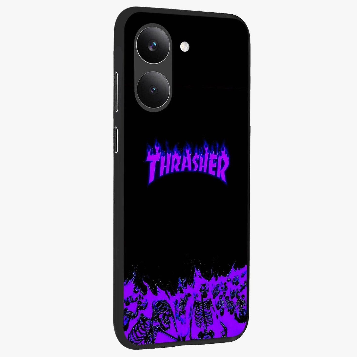 Neon Flame Riot Glass Case upright view showcasing dynamic flame artwork with energetic neon theme.
