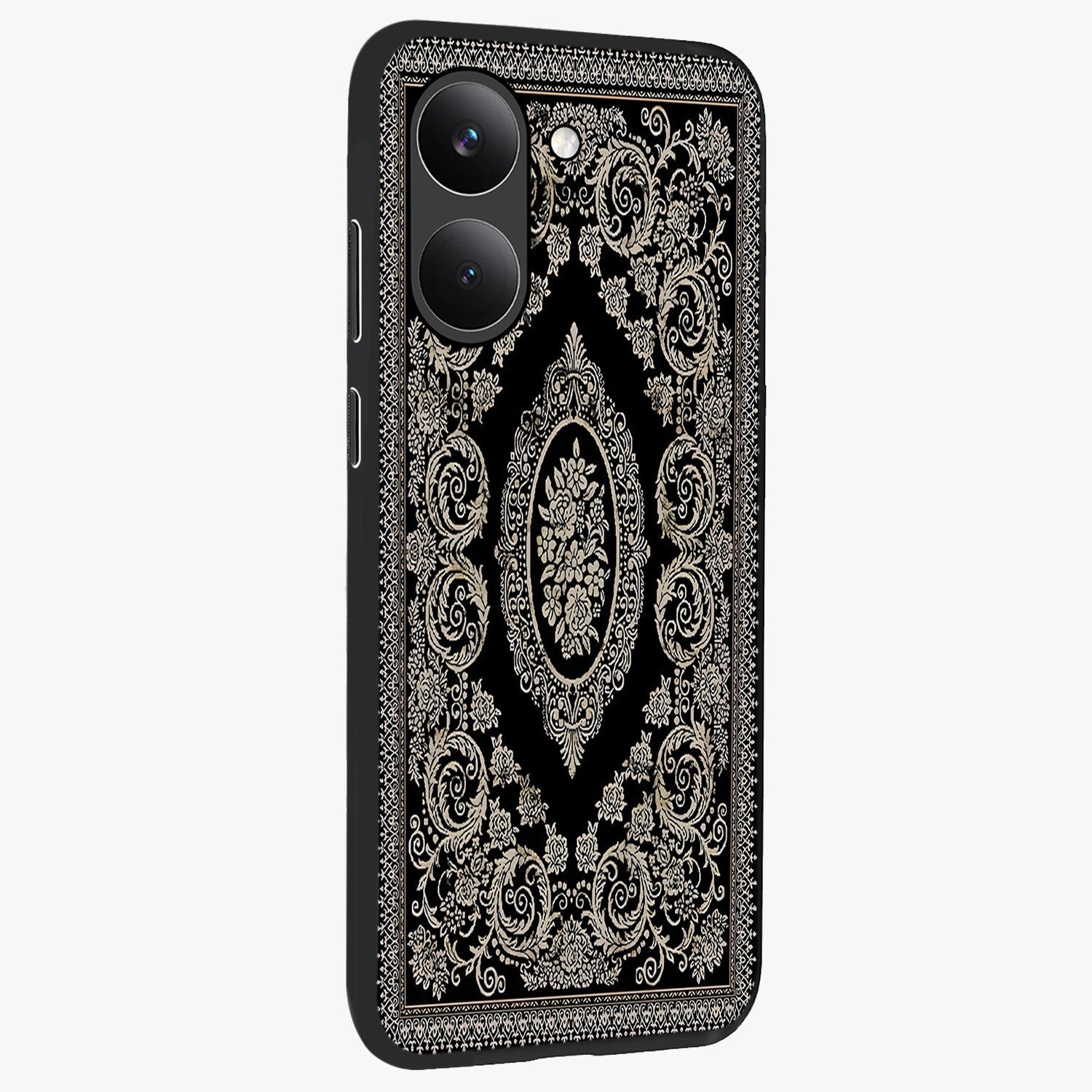 Noir Bloom Elegance Glass Case upright view showcasing graceful floral artwork with luxurious dark theme.