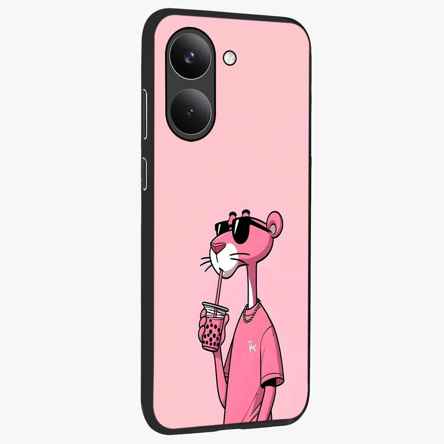Pink Panther Glass Case upright view showcasing fun animated artwork with stylish retro cartoon theme.
