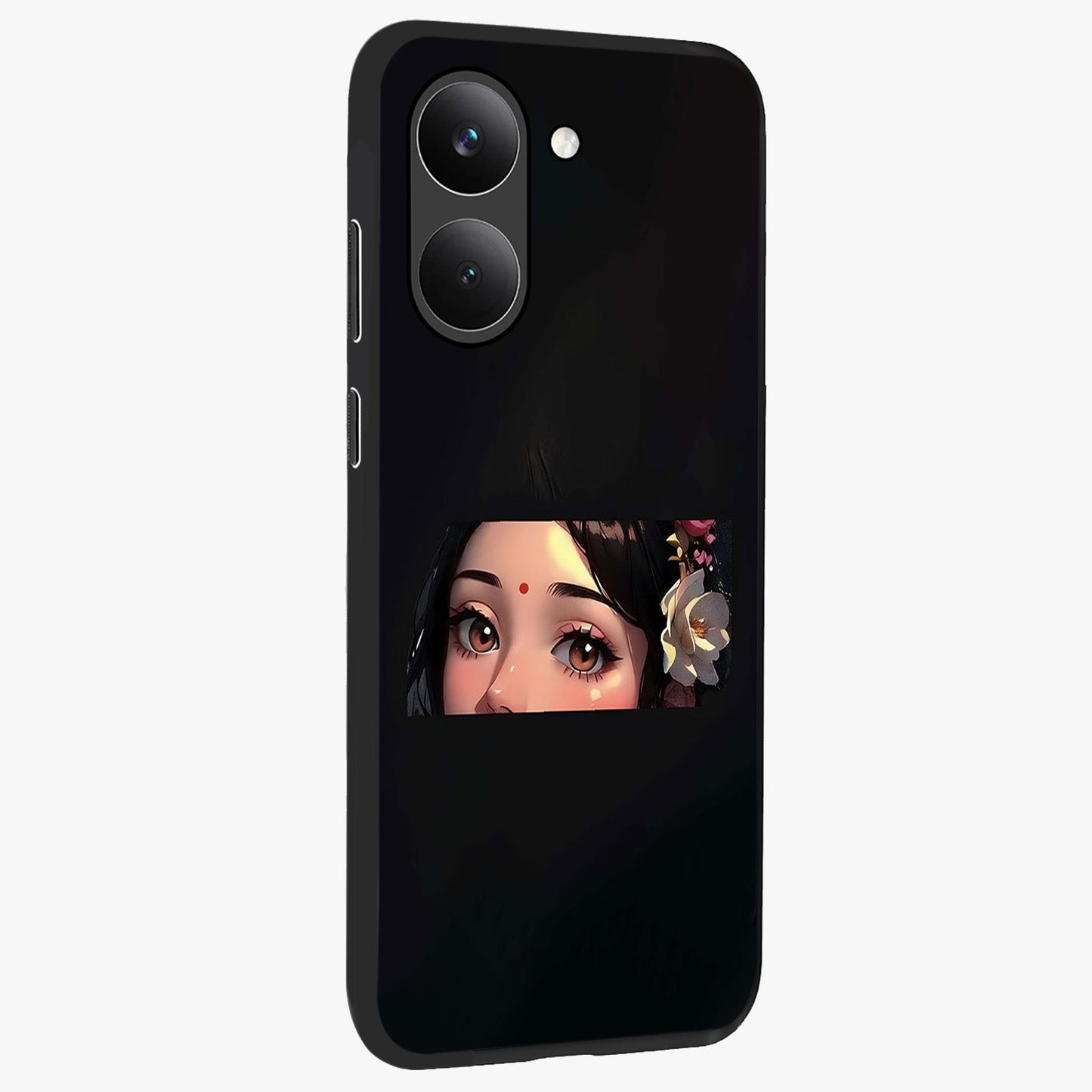 Radha Divine Embrace Glass Case upright view showcasing sacred Radha themed artwork with peaceful devotional style.