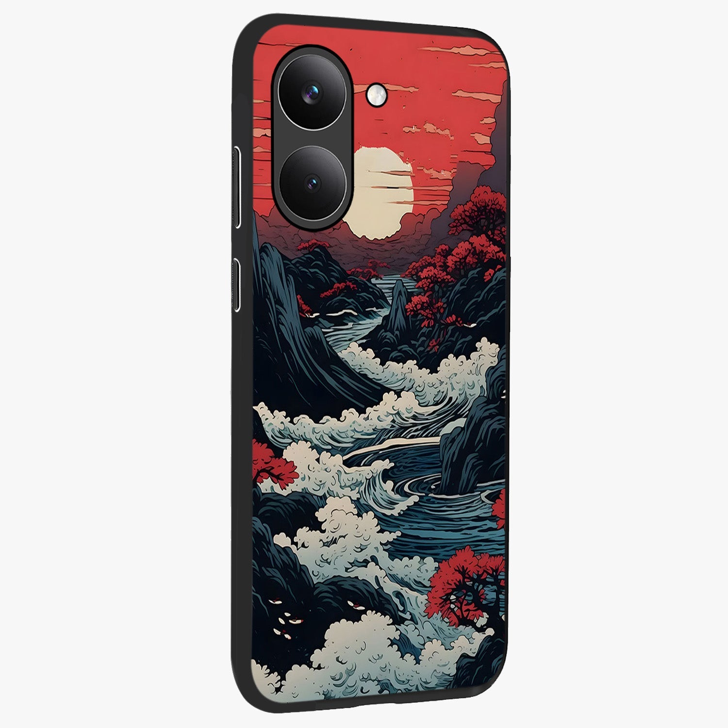 Red Sunset Scenery Glass Case upright view showcasing dramatic sunset scenery artwork with warm nature theme.