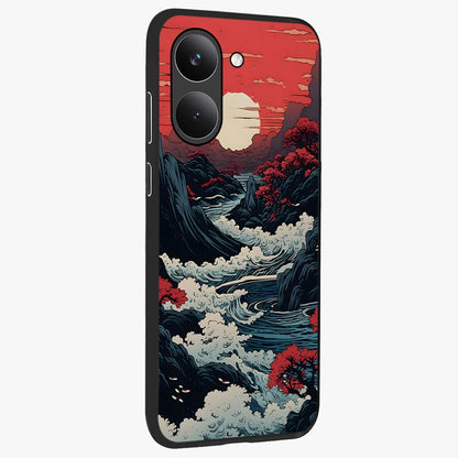 Red Sunset Scenery Glass Case upright view showcasing dramatic sunset scenery artwork with warm nature theme.