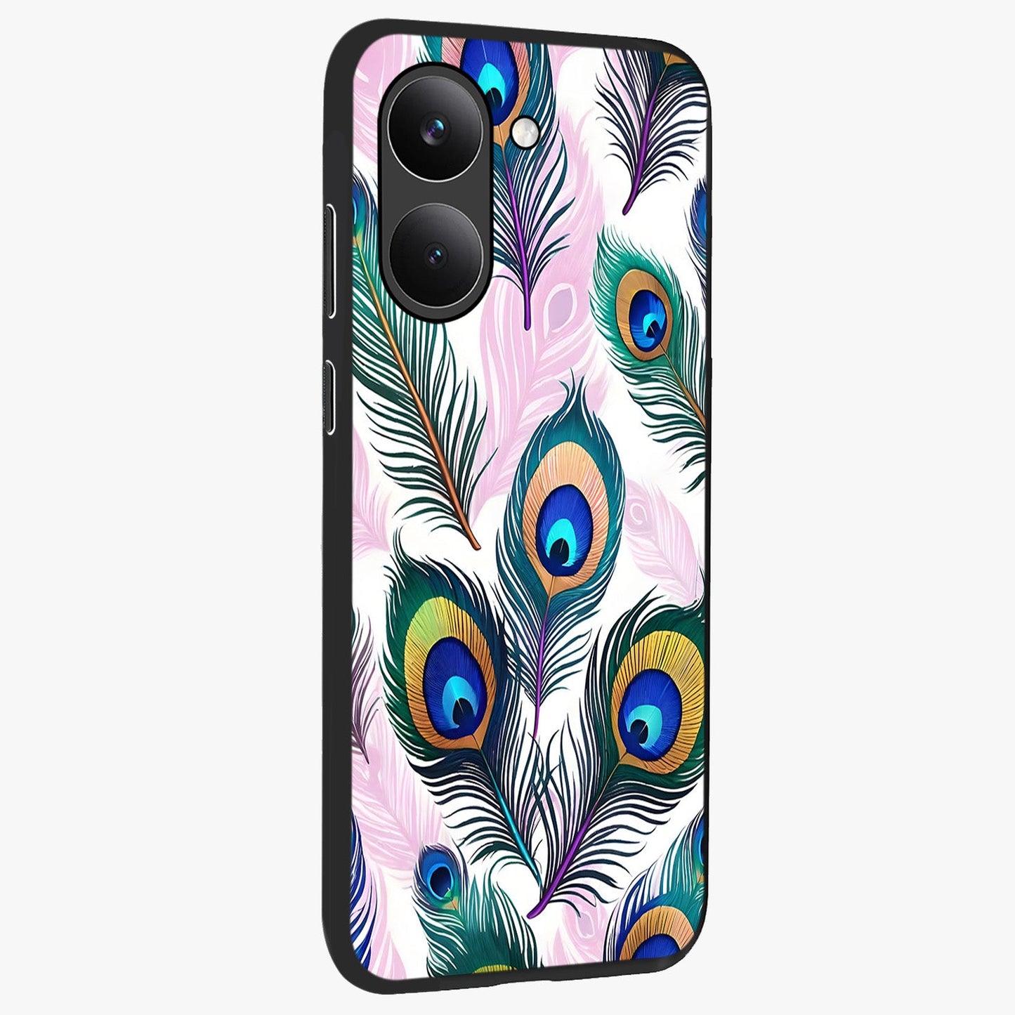 Royal Peacock Feathers Glass Case upright view showcasing elegant peacock feather artwork with decorative royal theme.