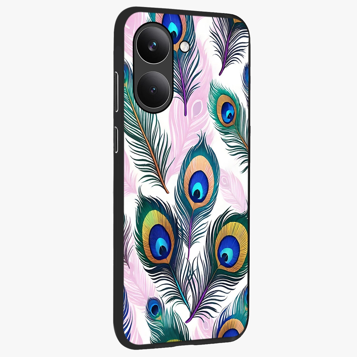 Royal Peacock Feathers Glass Case upright view showcasing elegant peacock feather artwork with decorative royal theme.