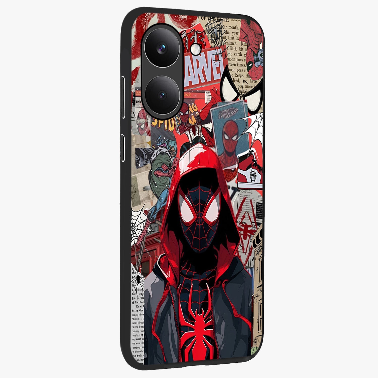 Spider Collage Street Glass Case upright view showcasing bold superhero artwork with urban street theme.