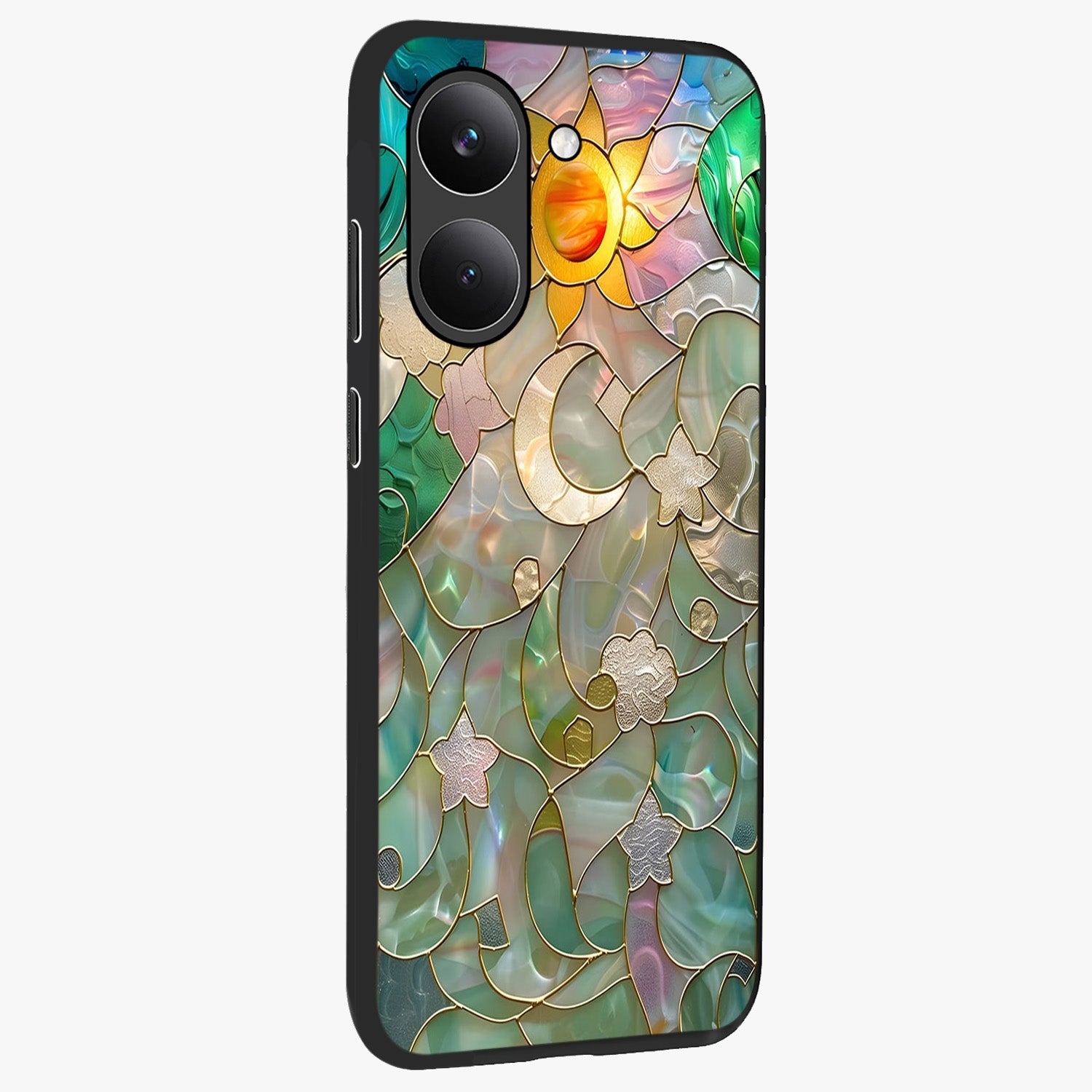 Stained Sunrise Glow Glass Case upright view showcasing colorful sunrise artwork with warm morning theme.