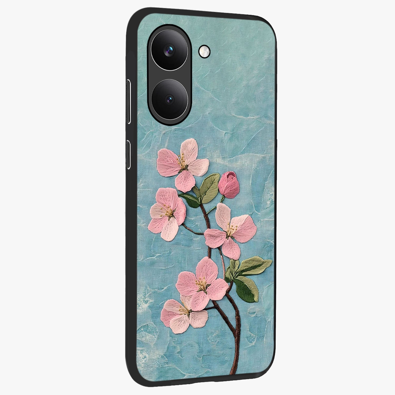 Threaded Blossom Breeze Glass Case upright view showcasing graceful flower artwork with calm botanical theme.