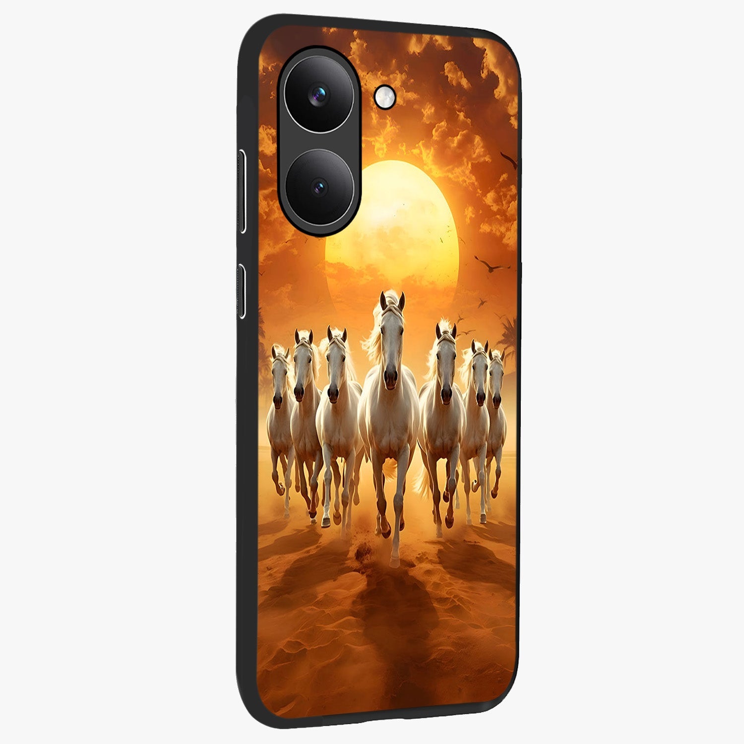 Wild Sunset Majesty Glass Case upright view showcasing dramatic sunset artwork with bold nature theme.