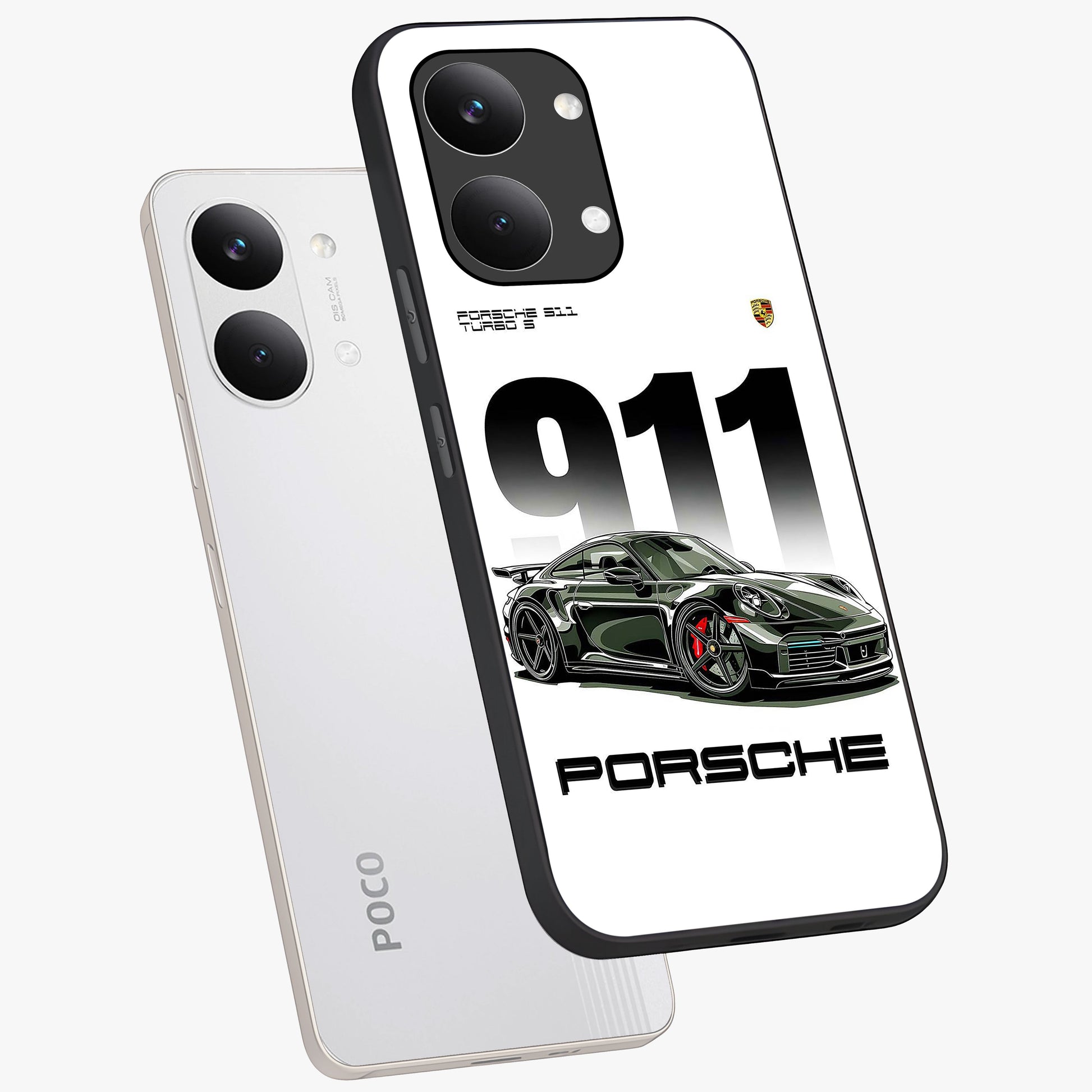 911 Turbo Dominance Glass Case displayed in premium angled mockup highlighting sporty car illustration and sleek glass surface.