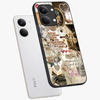 Aesthetic Brown Vintage Collage Glass Case displayed in angled mockup highlighting vintage aesthetic collage design.