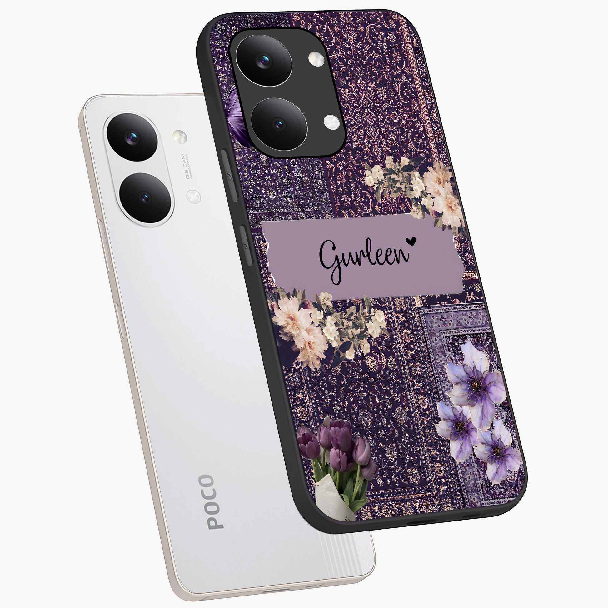 Antique Floral Whisper Custom Name Glass Case displayed in angled mockup highlighting elegant antique floral aesthetic.