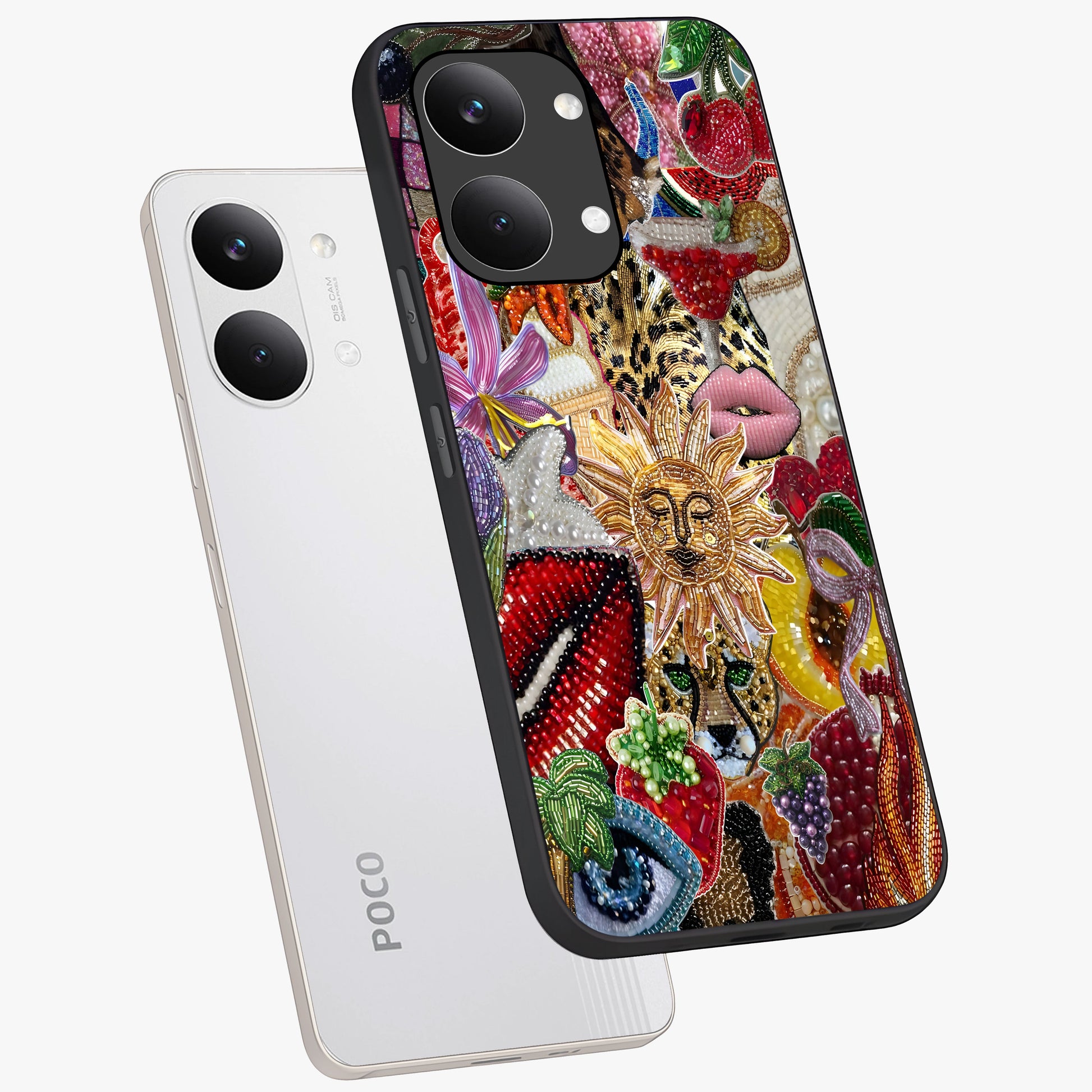 Beaded Fashion Jungle Glass Case displayed in angled mockup highlighting colorful fashion bead design and artistic pattern.