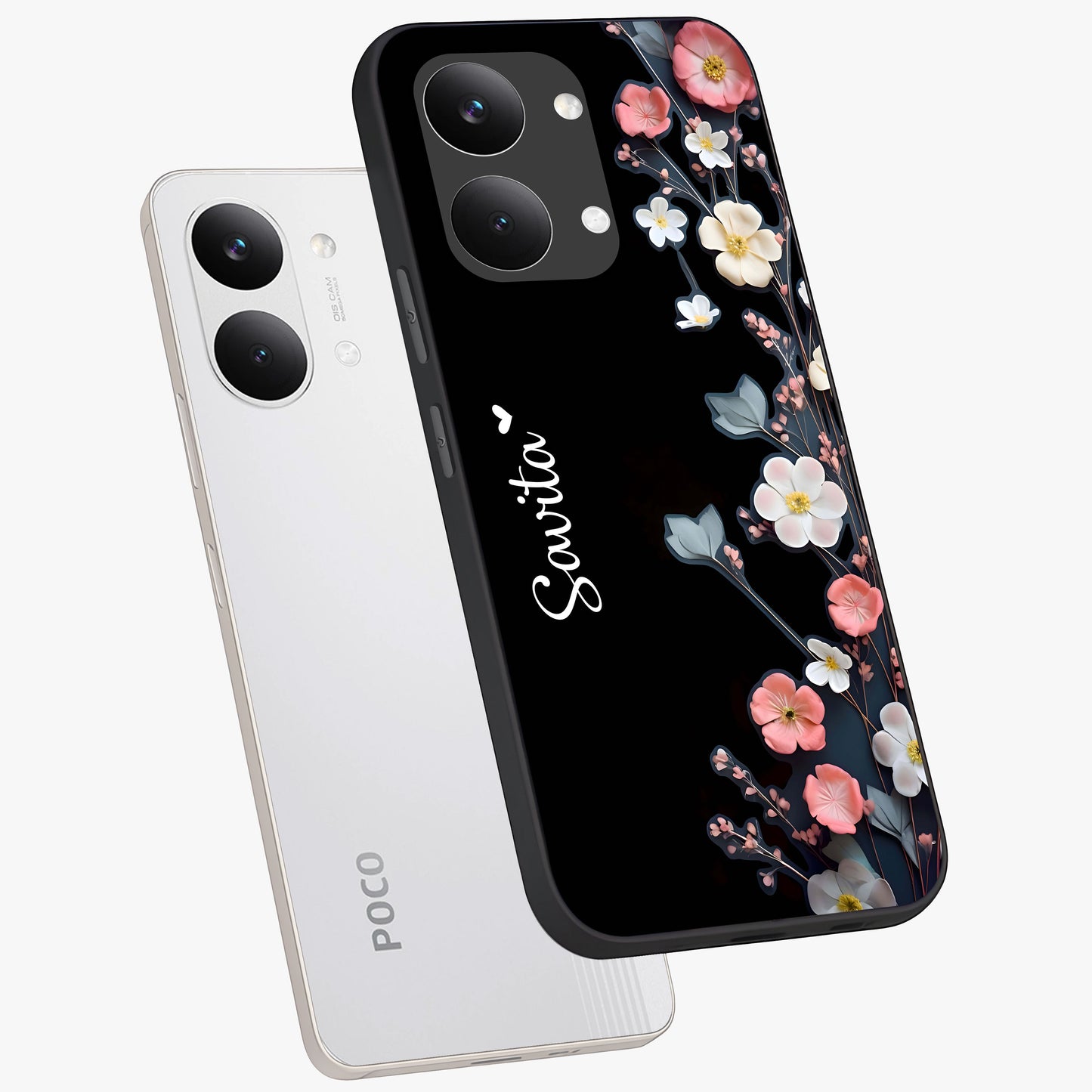 Black Elegance Floral Custom Name Glass Case displayed in angled mockup highlighting dark floral aesthetic and custom name feature.