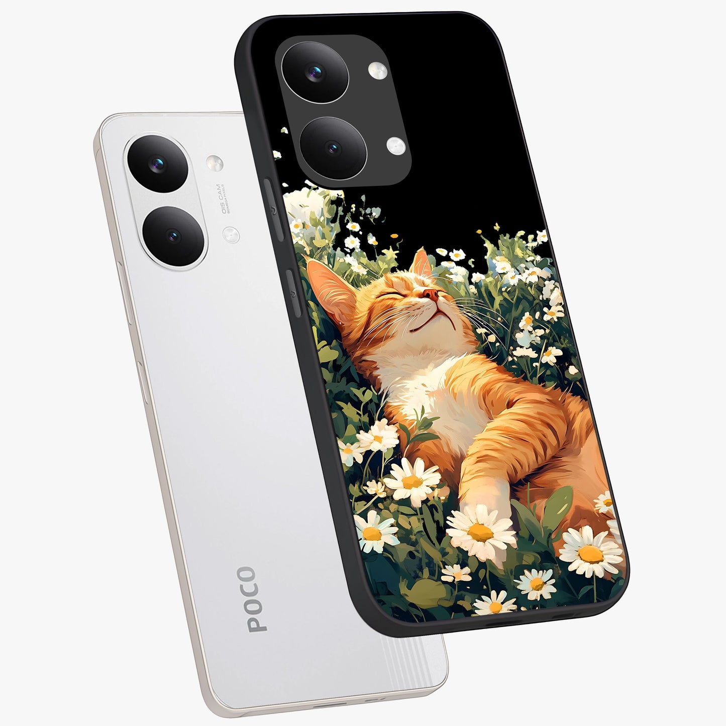 Blissful Bloom Cat Glass Case displayed in angled mockup highlighting playful feline illustration with soft floral aesthetic.