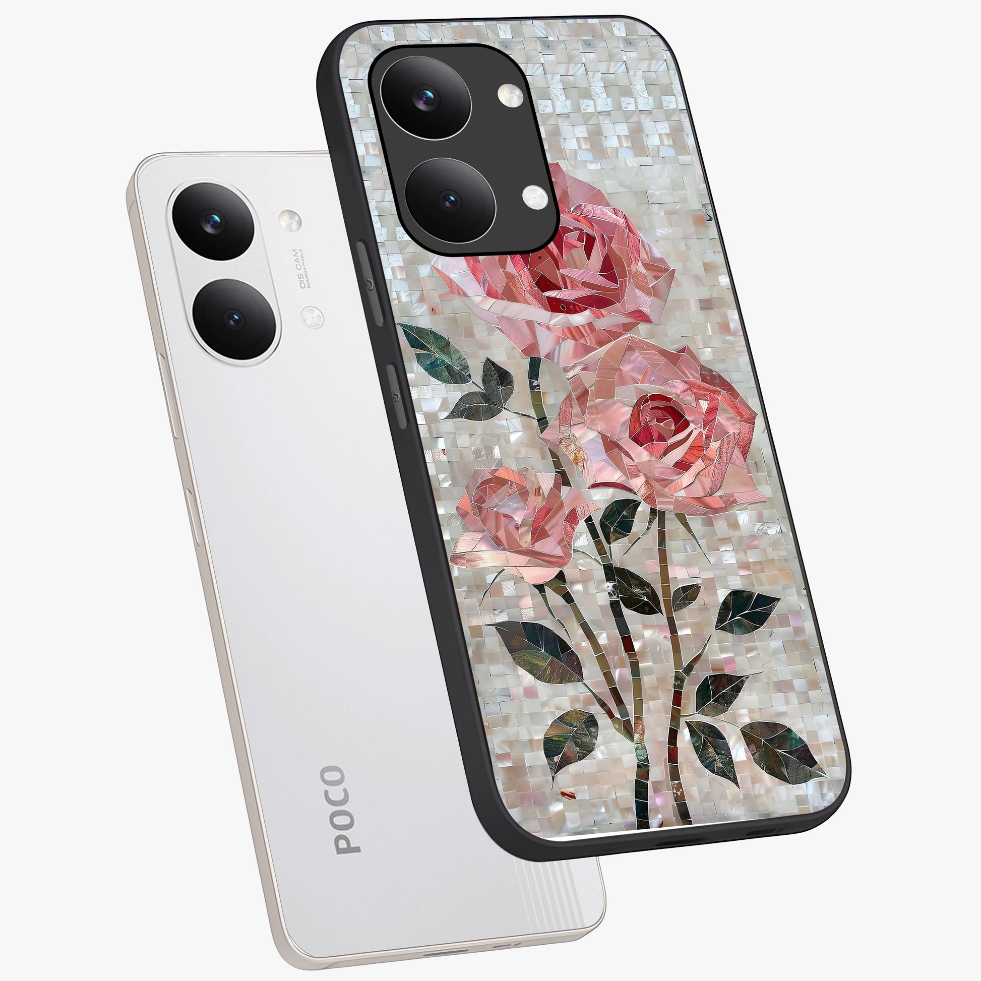 Blush Mosaic Bloom Glass Case displayed in angled mockup highlighting artistic mosaic flower pattern with aesthetic design.