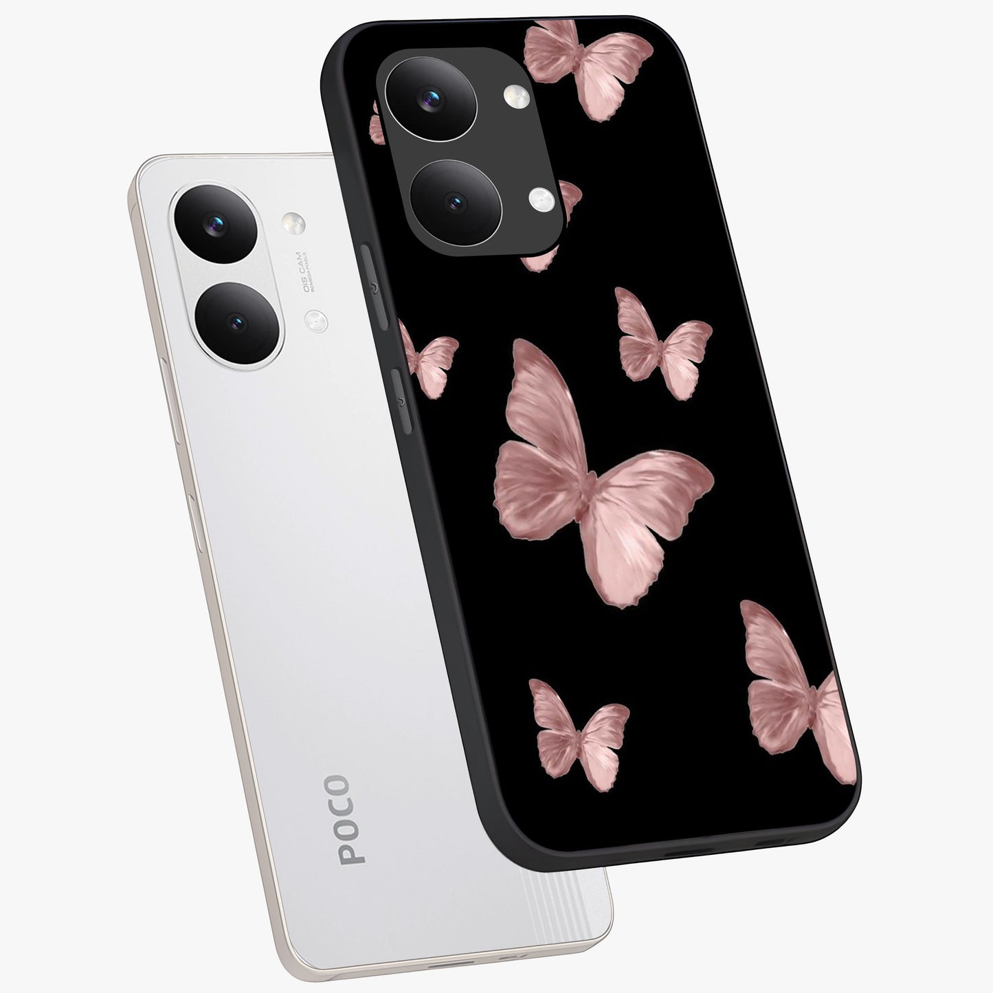 Butterfly Pattern Glass Case displayed in angled mockup highlighting delicate butterfly design and aesthetic pattern style.
