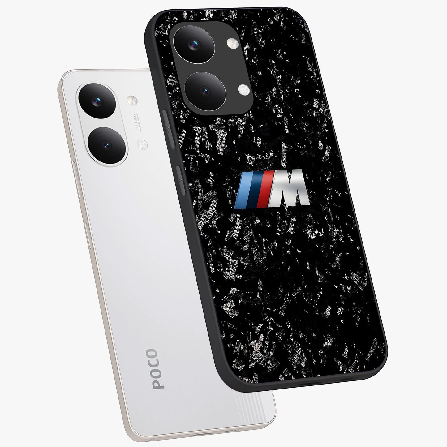 Carbon Speed Mark Glass Case displayed in angled mockup highlighting racing inspired carbon design and sleek aesthetic style.