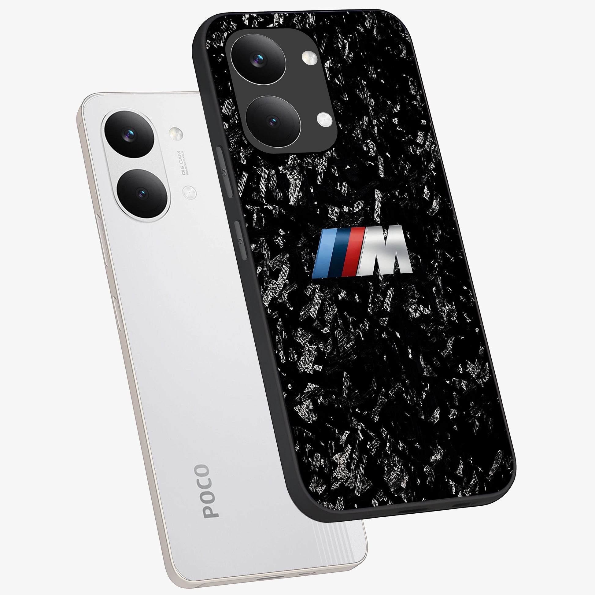 Carbon Speed Mark Glass Case displayed in angled mockup highlighting racing inspired carbon design and sleek aesthetic style.