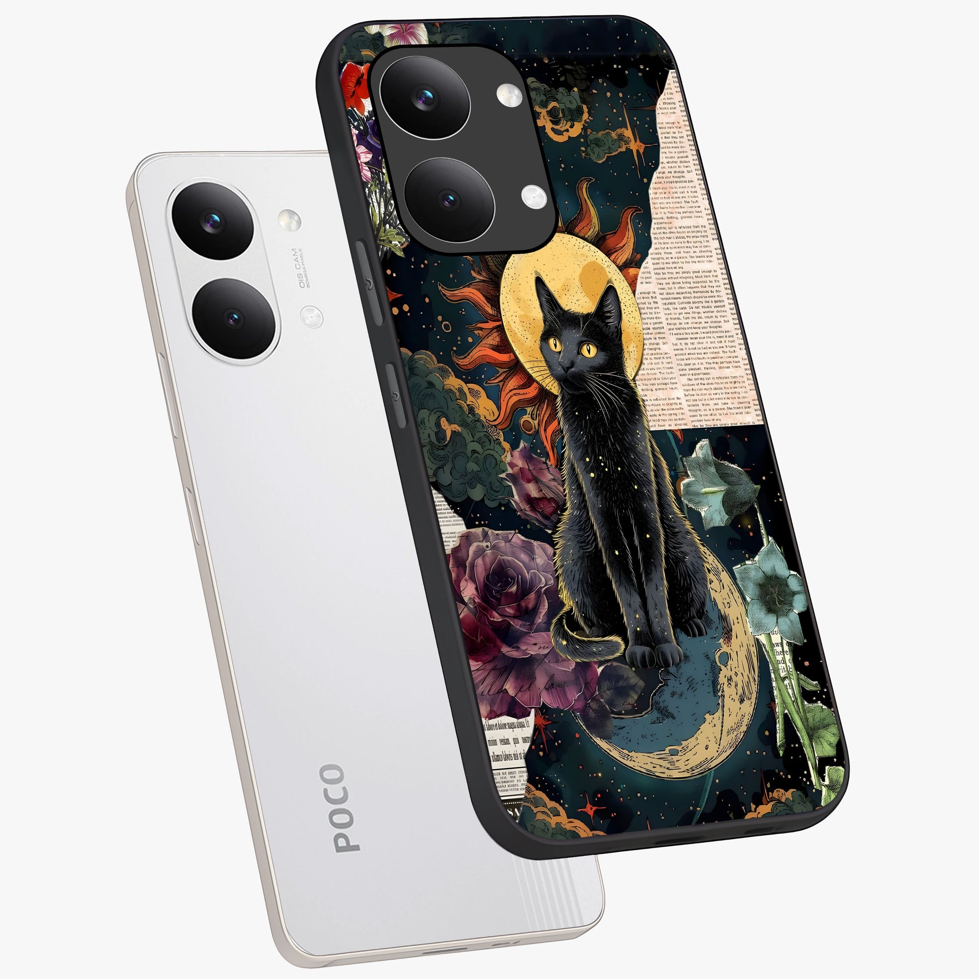 Celestial Black Cat Glass Case displayed in angled mockup highlighting cosmic black cat design with celestial aesthetic.