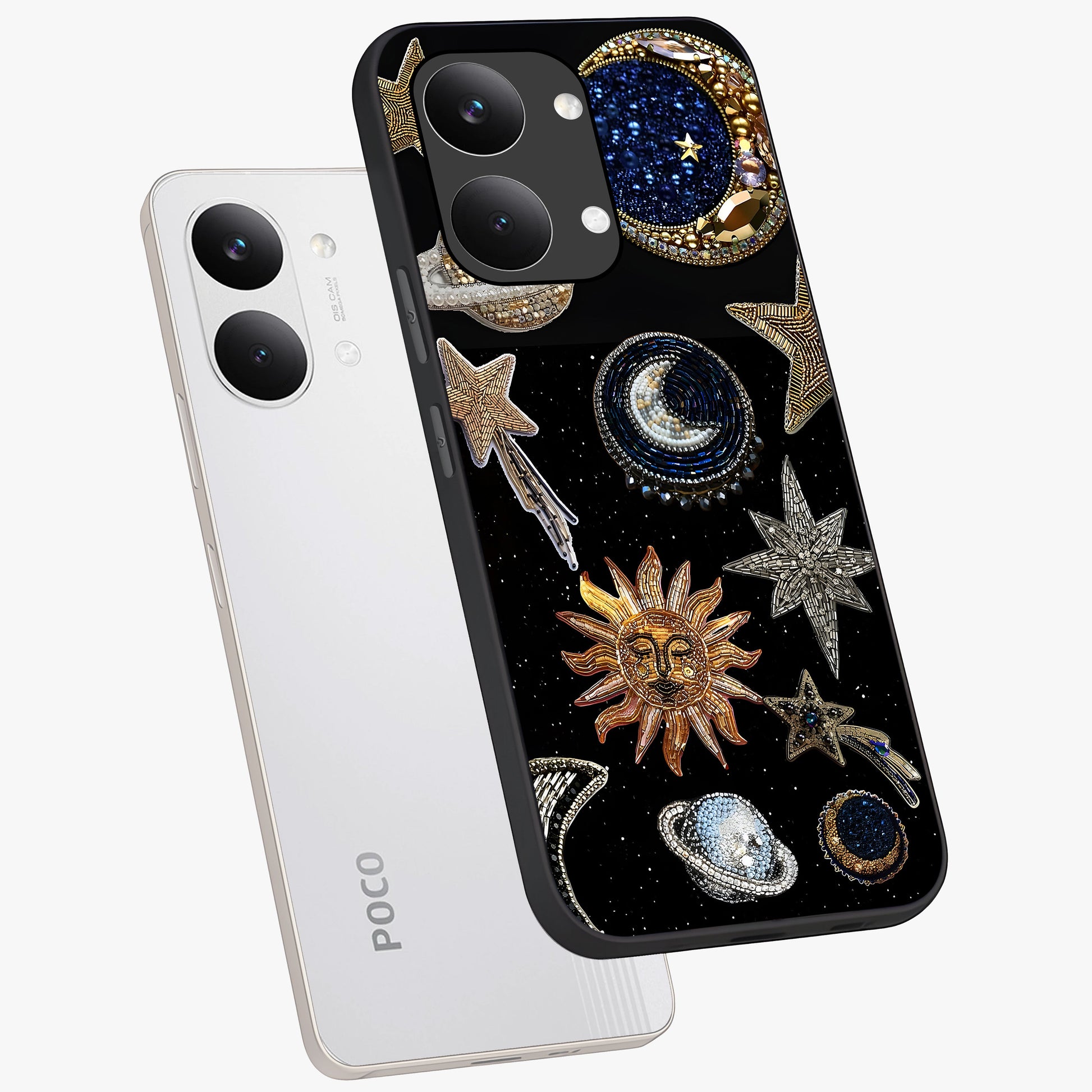 Celestial Gem Constellations Glass Case displayed in angled mockup highlighting gemstone inspired constellation design.