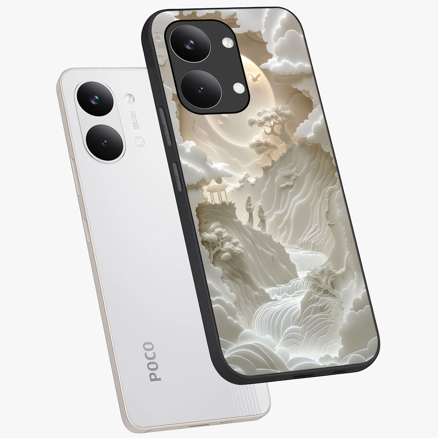 Celestial Origami Glass Case displayed in angled mockup highlighting geometric origami design with cosmic aesthetic theme.