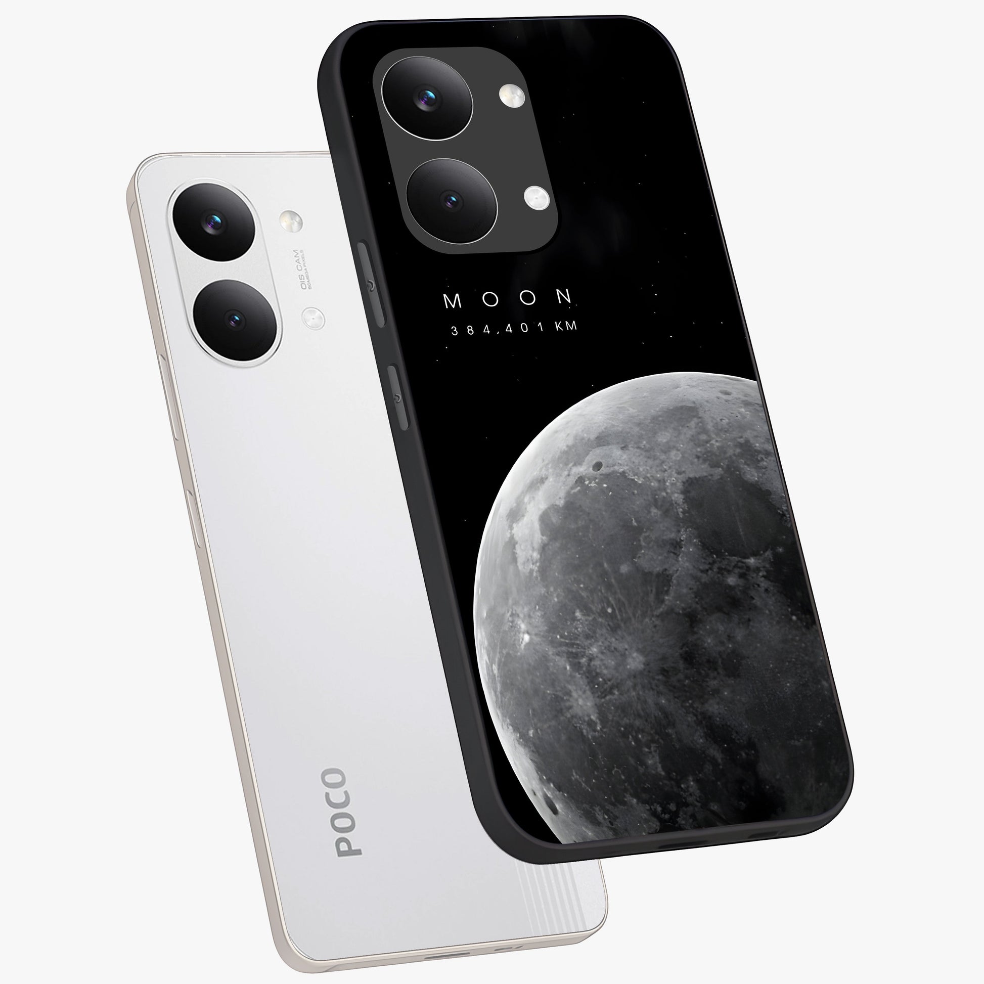Cosmic Moon Glow Glass Case displayed in angled mockup highlighting celestial moon design with cosmic aesthetic theme.