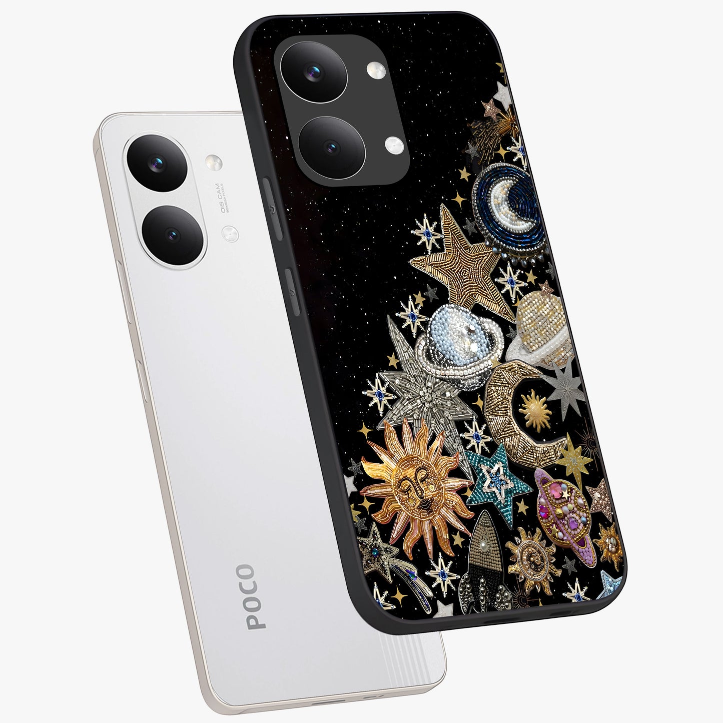 Cosmic Sparkle Dreams Glass Case displayed in angled mockup highlighting dreamy star sparkle design with celestial aesthetic.