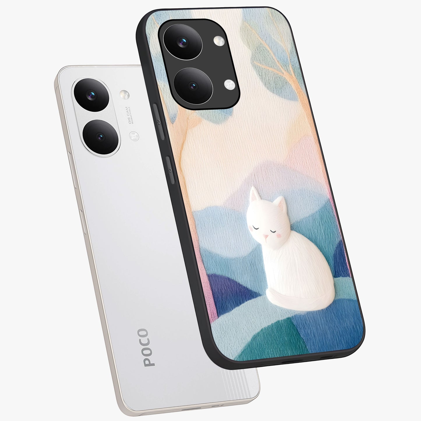 Cotton Dream Cat Glass Case displayed in angled mockup highlighting cute feline illustration with pastel aesthetic style.