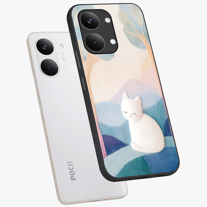 Cotton Dream Cat Glass Case displayed in angled mockup highlighting cute feline illustration with pastel aesthetic style.