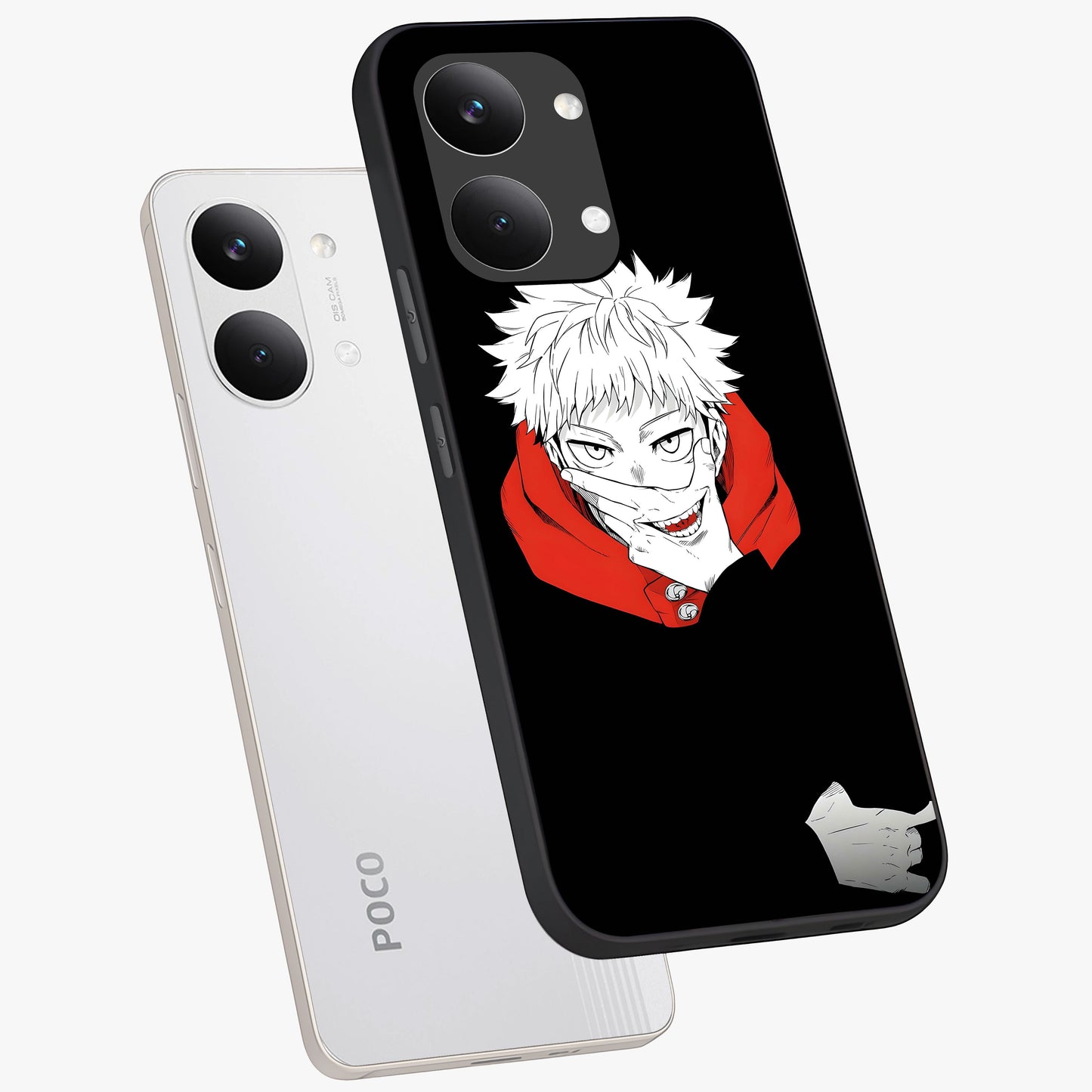 Crimson Chaos Smile Glass Case displayed in angled mockup highlighting edgy crimson smile design with graphic aesthetic.