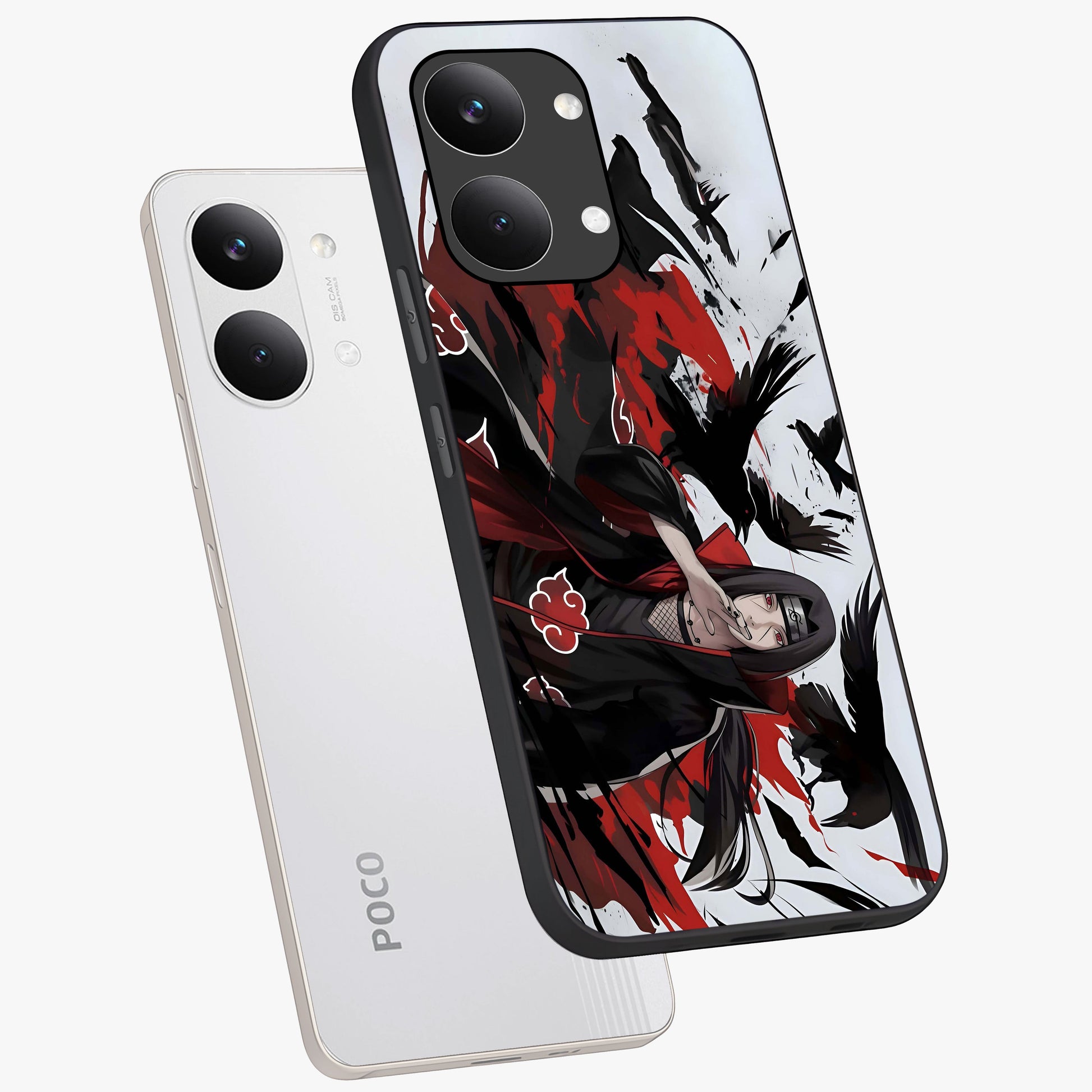 Crimson Crow Illusion Glass Case displayed in angled mockup highlighting mysterious crow graphic with dark aesthetic style.