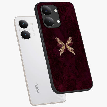 Crimson Fade Butterfly Glass Case displayed in angled mockup highlighting elegant butterfly design with crimson gradient aesthetic.