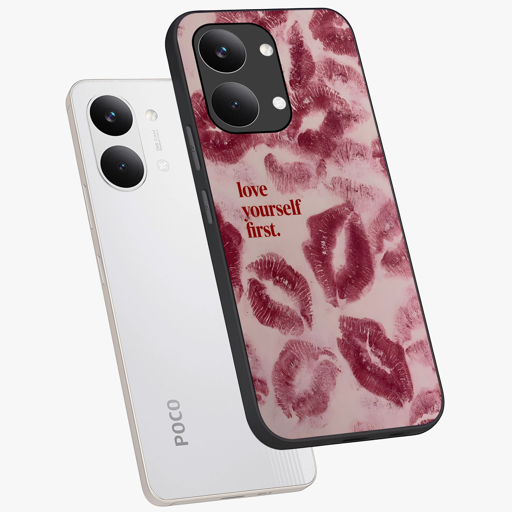 Crimson Kiss Love Glass Case displayed in angled mockup highlighting bold love inspired design with modern aesthetic style.