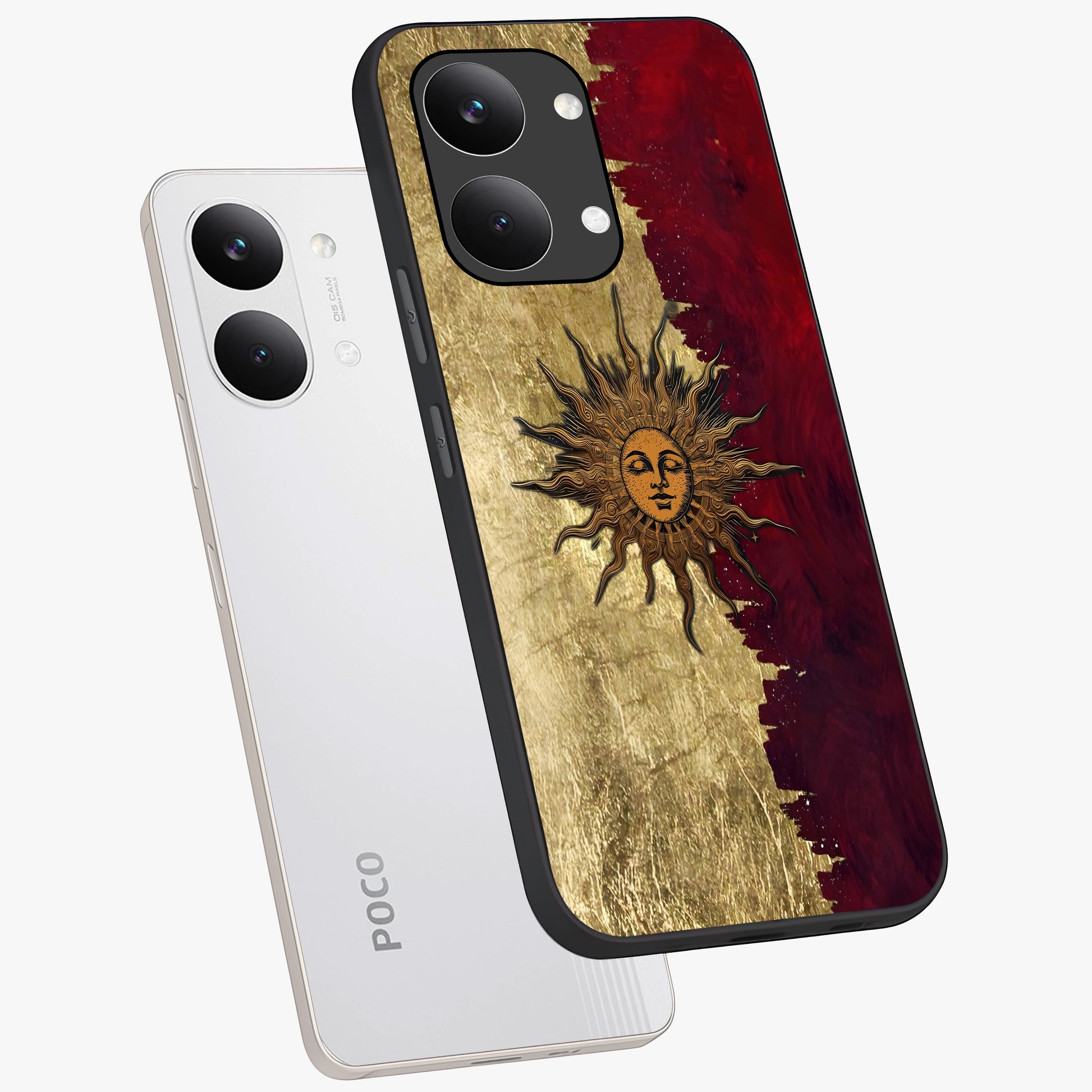 Crimson Sun Majesty Glass Case displayed in angled mockup highlighting majestic crimson sun design with bold aesthetic style.