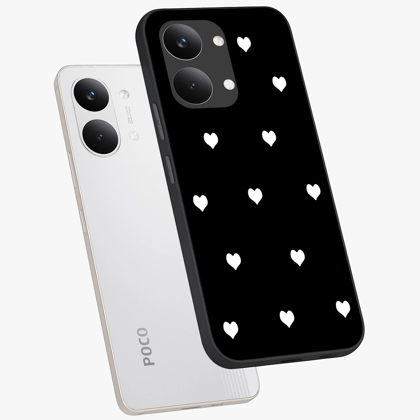 Cute And Simple White Hearts Glass Case displayed in angled mockup highlighting cute heart design with clean aesthetic style.