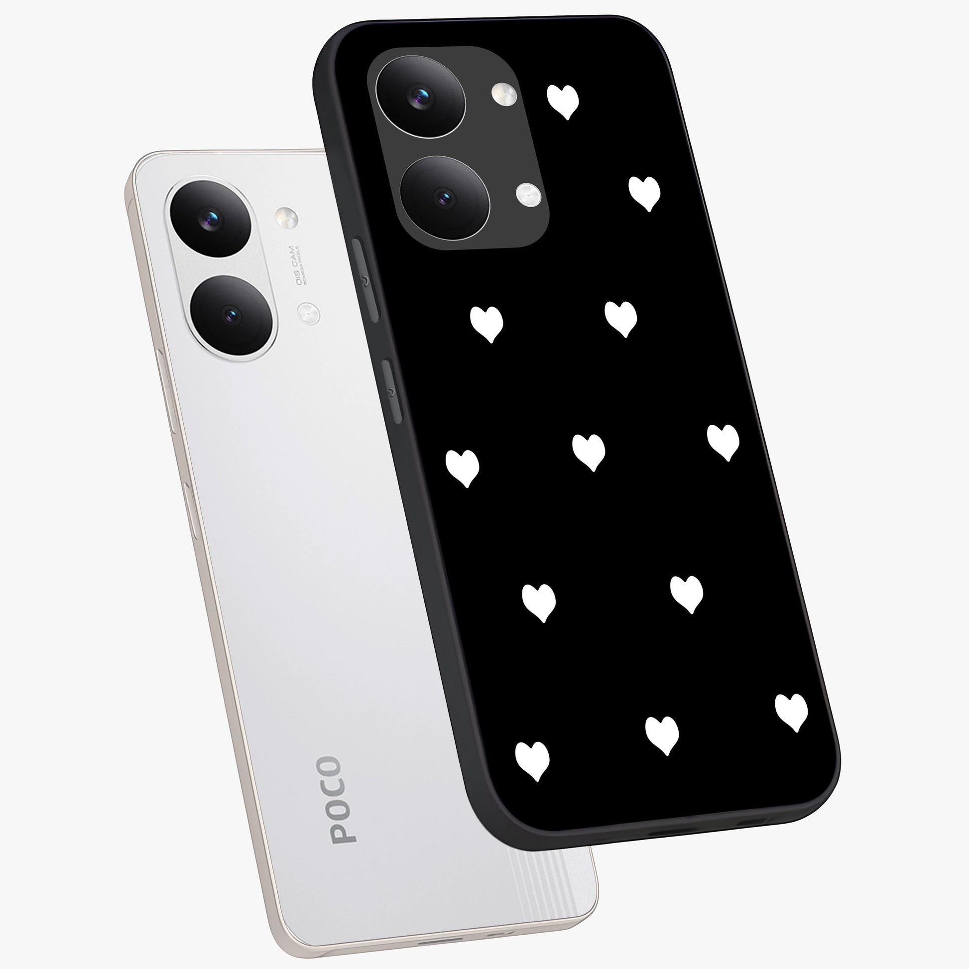 Cute And Simple White Hearts Glass Case displayed in angled mockup highlighting cute heart design with clean aesthetic style.