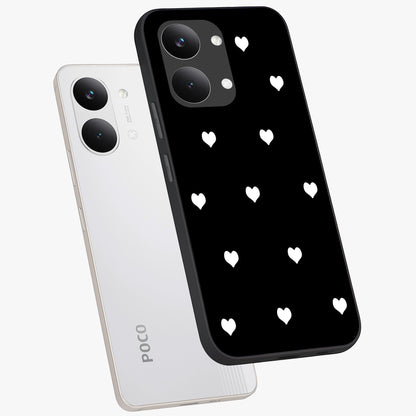 Cute And Simple White Hearts Glass Case displayed in angled mockup highlighting cute heart design with clean aesthetic style.