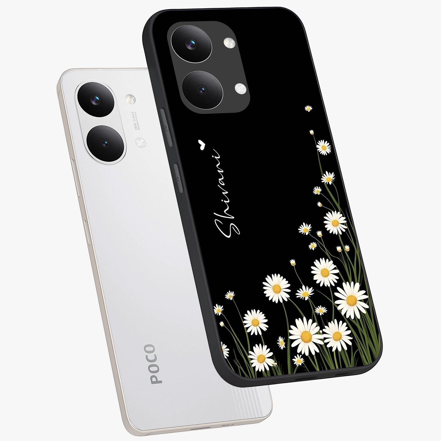 Daisy Cascade Custom Name Glass Case displayed in angled mockup highlighting delicate daisy artwork with custom name feature.
