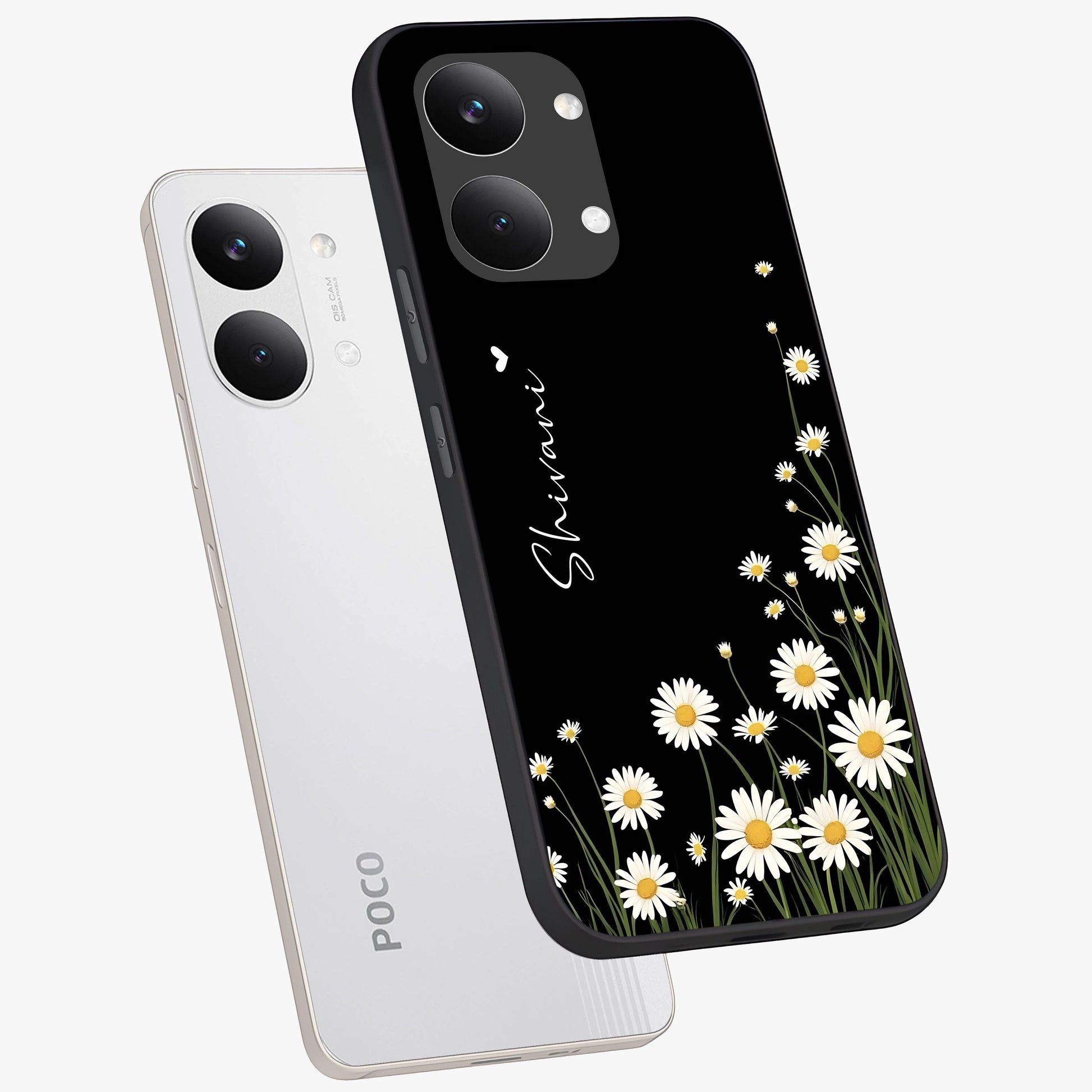 Daisy Cascade Custom Name Glass Case displayed in angled mockup highlighting delicate daisy artwork with custom name feature.