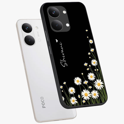 Daisy Cascade Custom Name Glass Case displayed in angled mockup highlighting delicate daisy artwork with custom name feature.